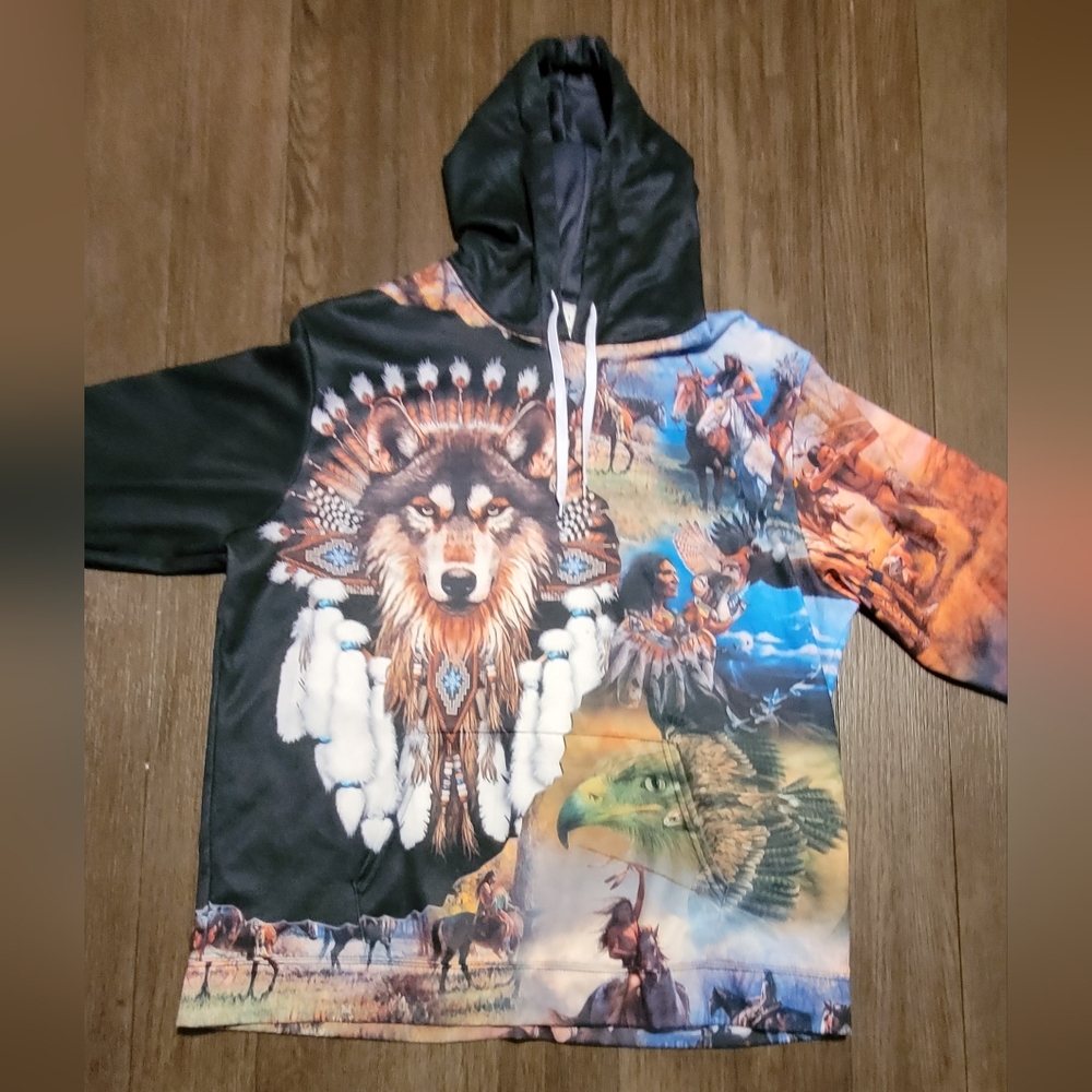 Hoodie Native American All Over Print Wolves Horses Men's Size L